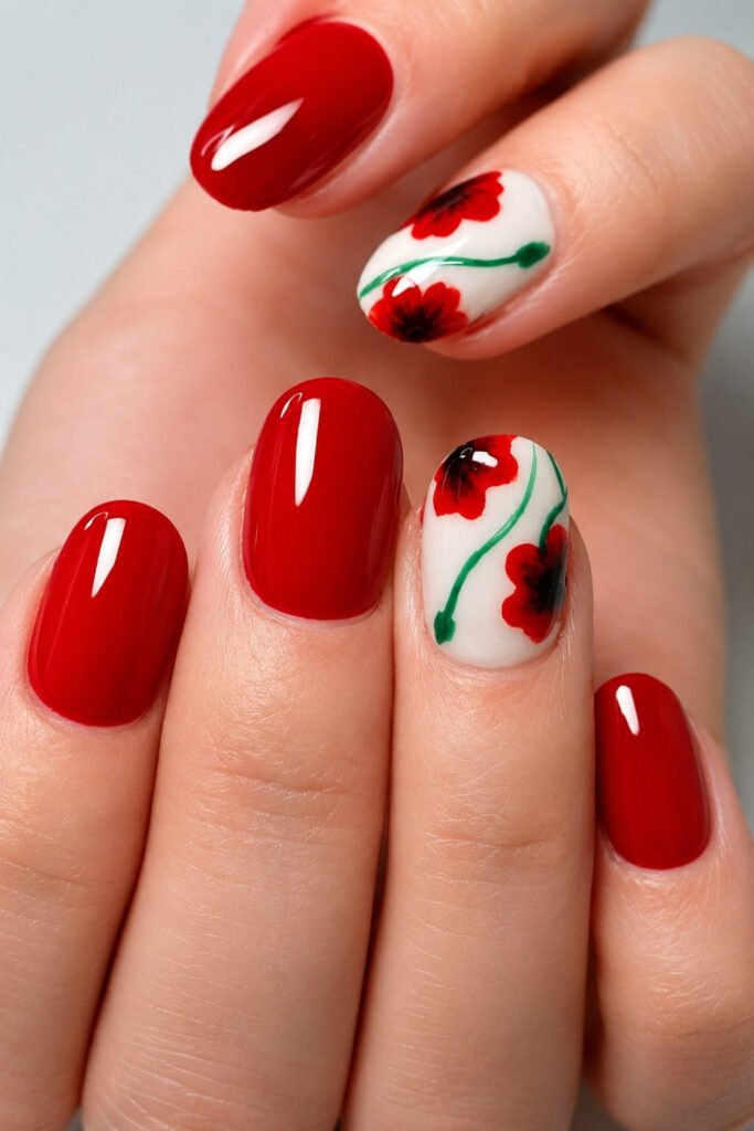 Short cherry red nails with white accent nails painted with poppies