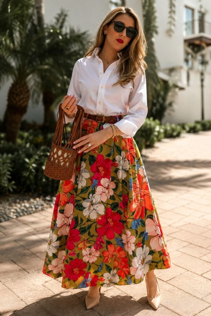 Printed Maxi Skirt With Button-Down Shirt
