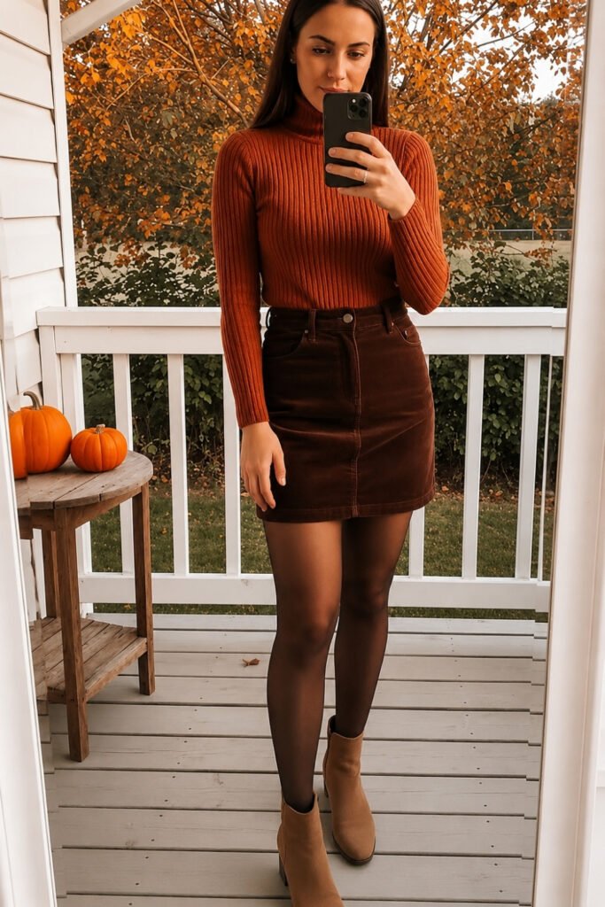 Woman in a rust knit with a brown cord skirt and tall boots on a porch