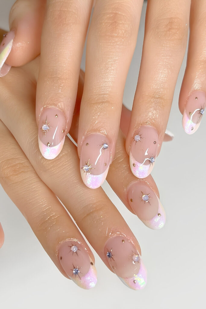 Rhinestone French iridescent nails