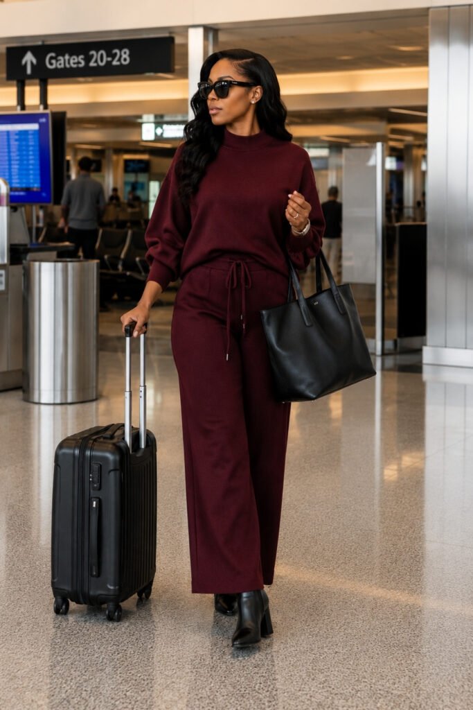 Rich Burgundy Wide-Leg Set with Ankle Boots