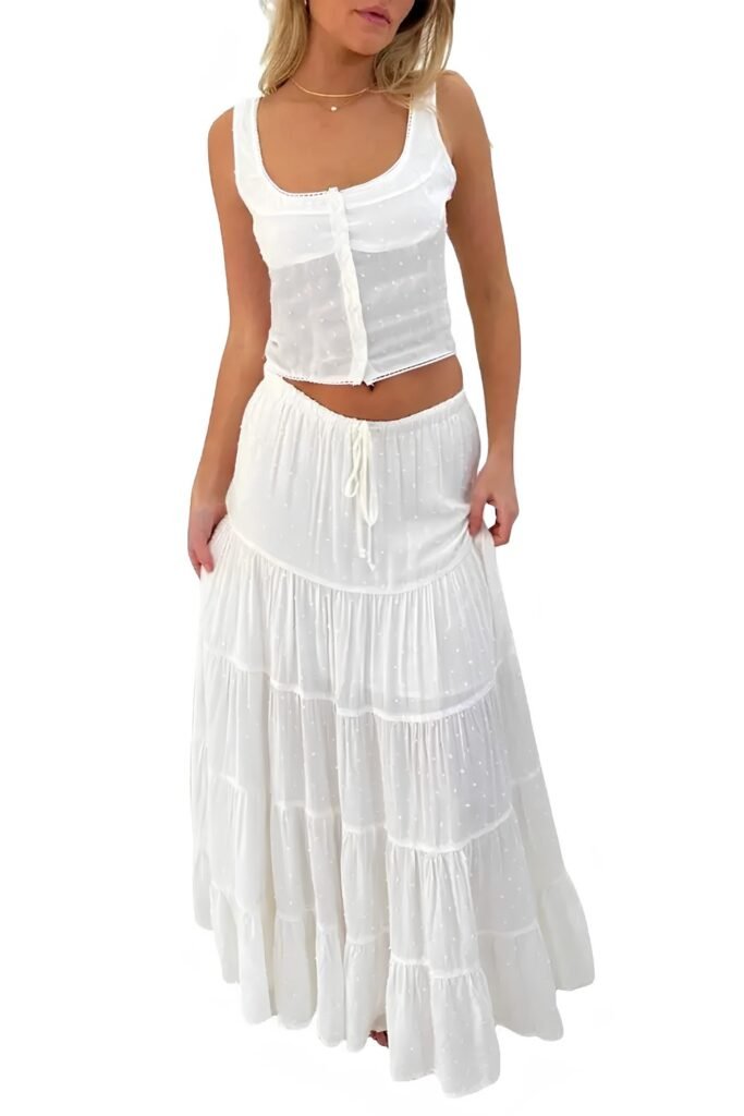 Tiered Ruffle Maxi Skirt With Lace Camisole