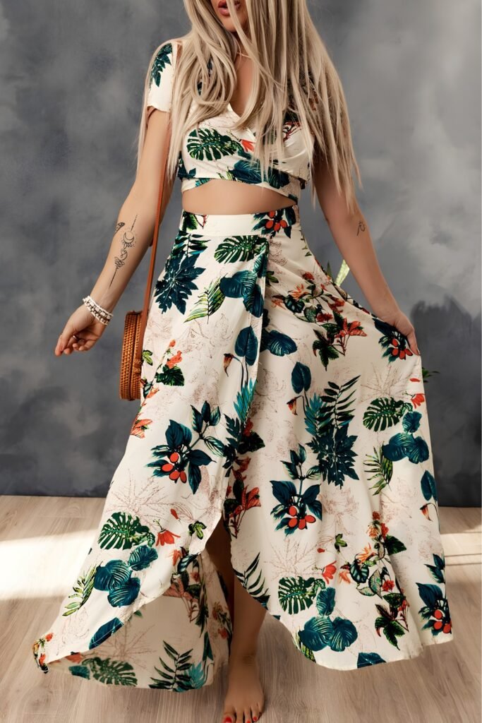 Tropical Wrap Midi Skirt With Fitted Tank Top