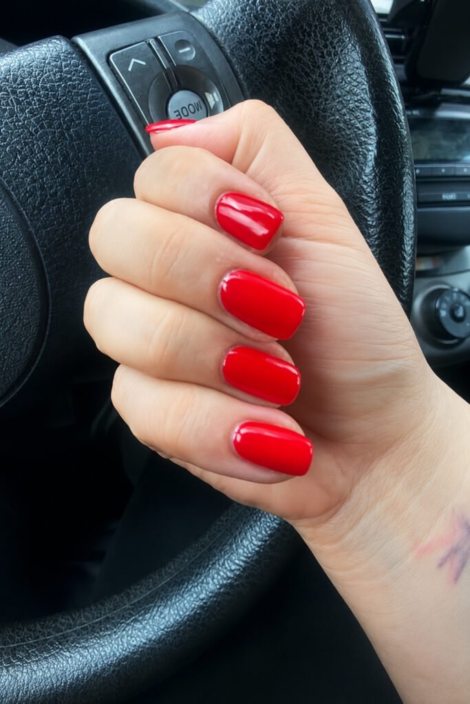 Short bright cherry red nails resting on a steering wheel