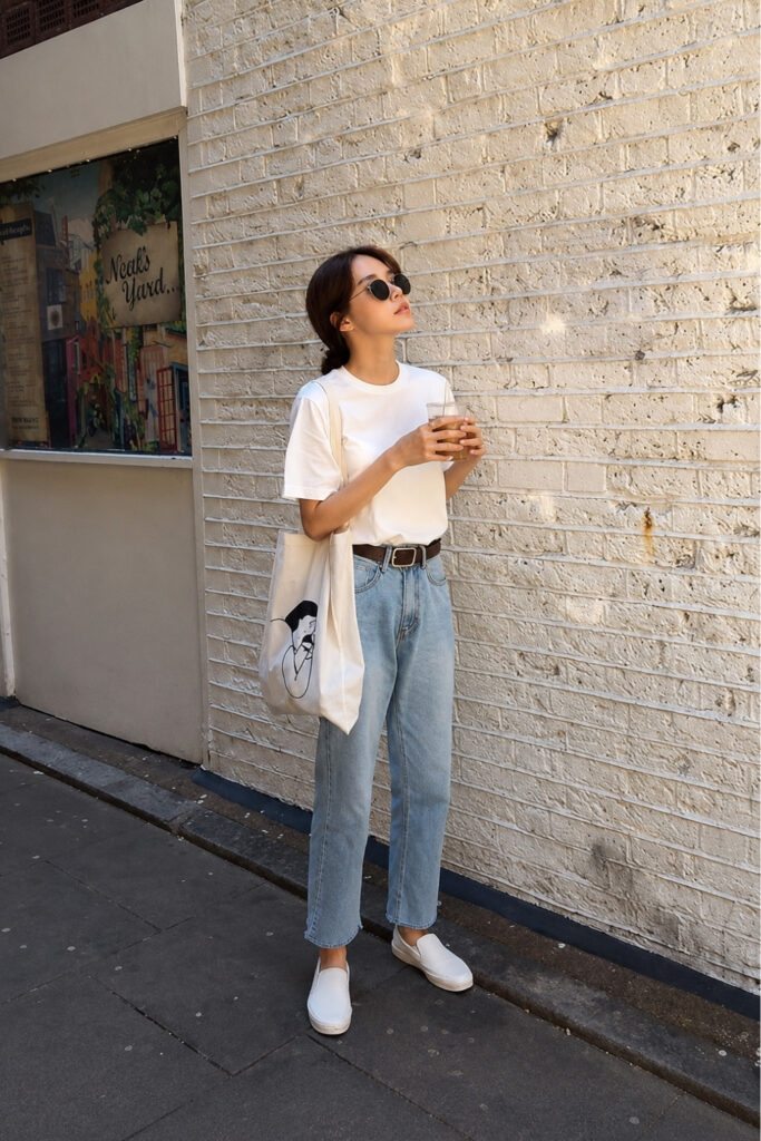 Tucked Neutral Tee with Skinny Leather Belt