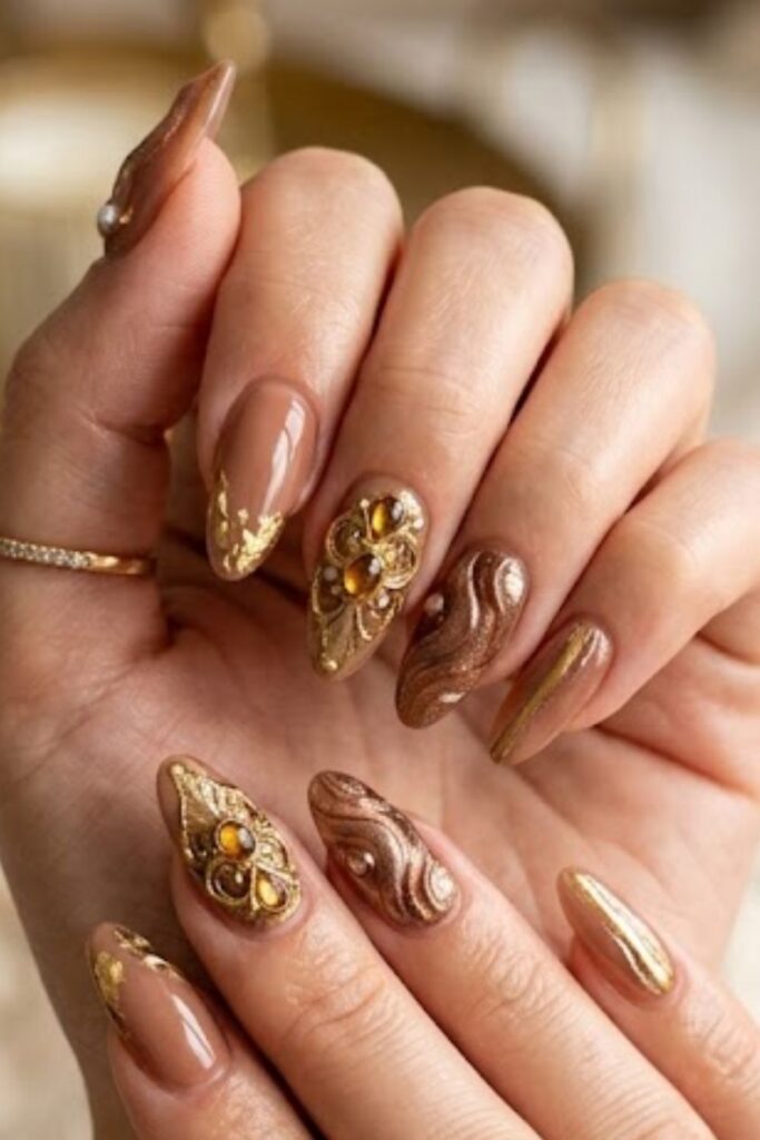 Warm Nude nails With Sculpted Gold