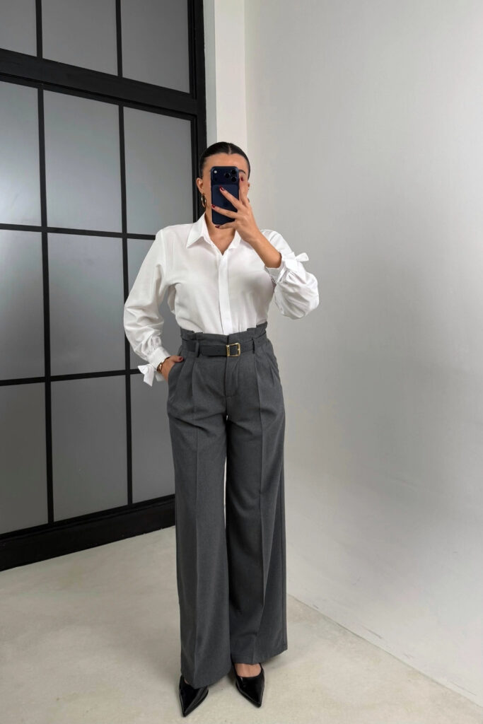 White Button-Down Shirt with Grey Tailored Trousers