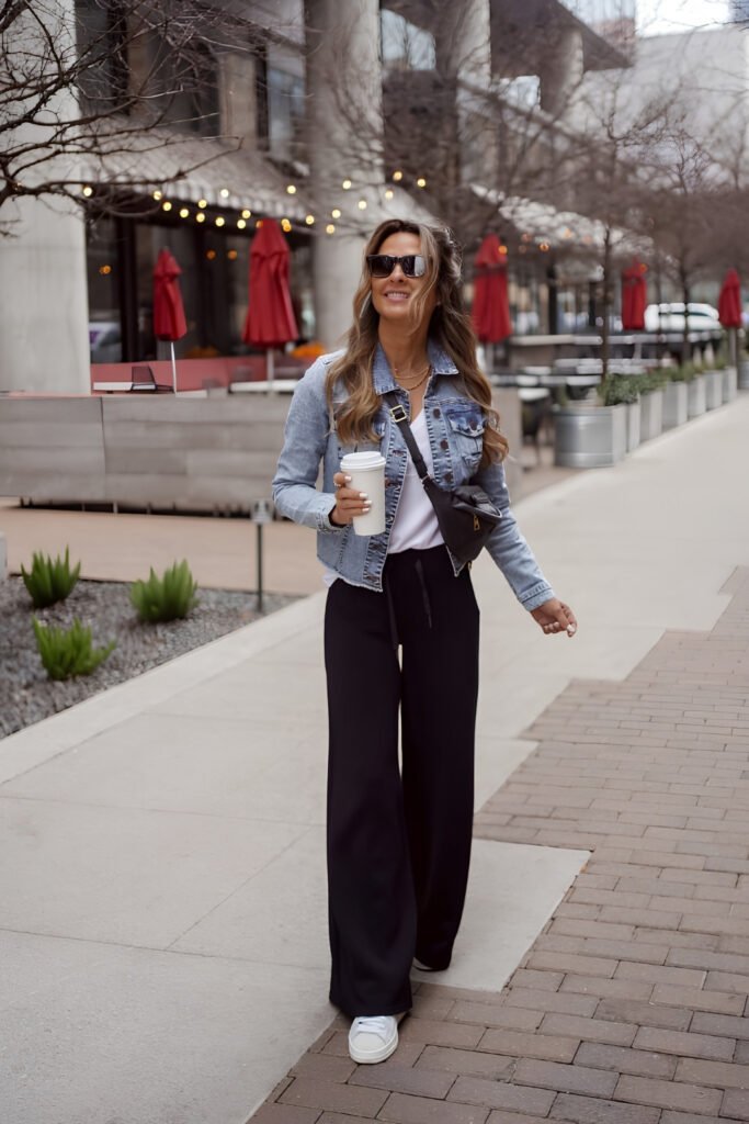 Wide-Leg Trousers with a Fitted Tank and Denim Jacket