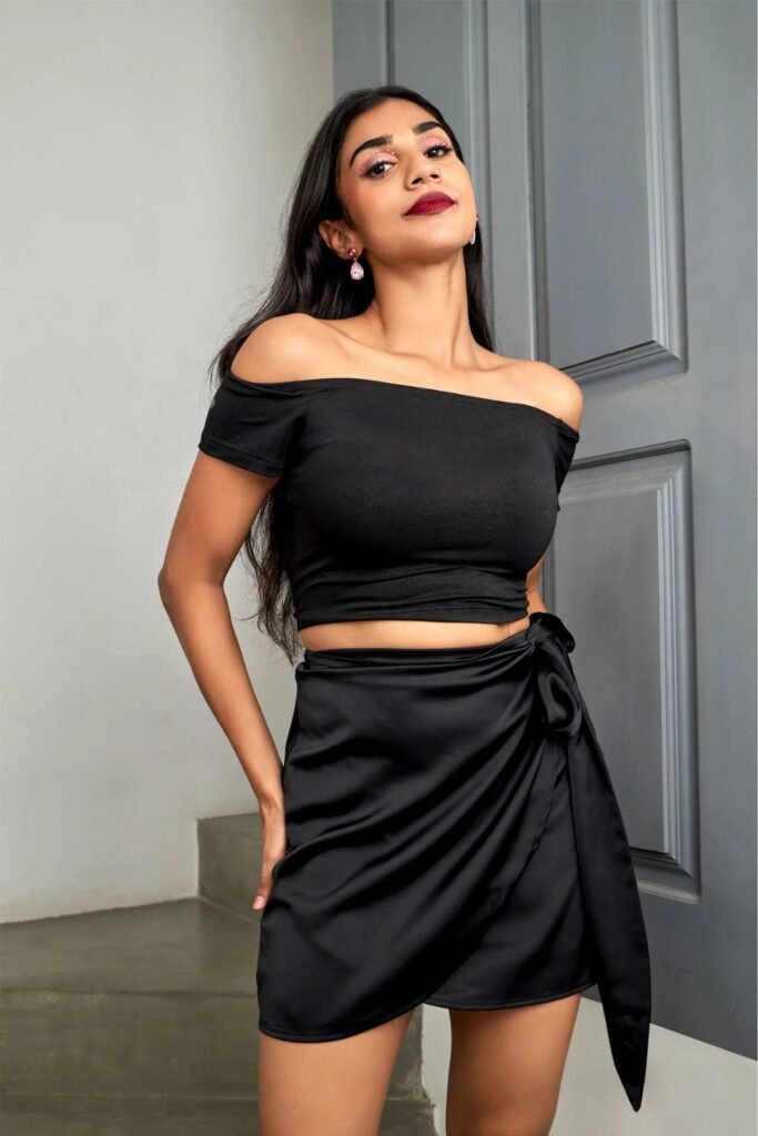 Wrap Mini Skirt With Off-Shoulder Crop Top