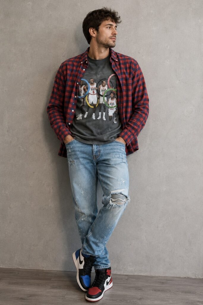 Air Jordan 1 High, Graphic Tee, Straight-Leg Jeans, Open Overshirt (1)