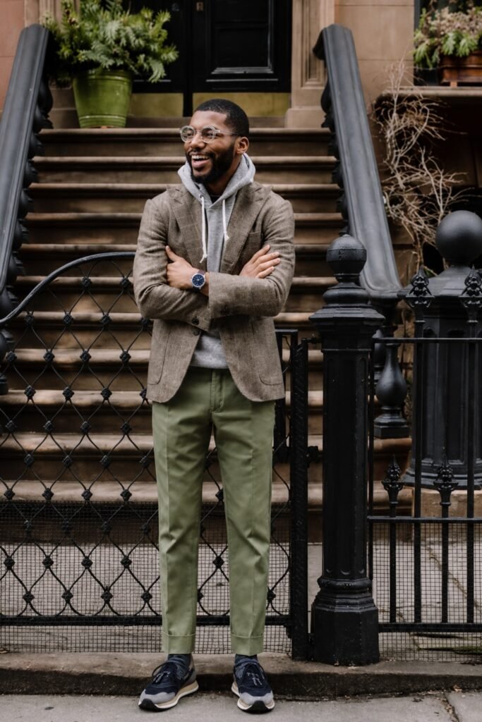 Air Jordan 11, Blazer over Hoodie, Slim Chinos