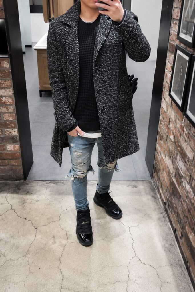 Air Jordan 11 Concord or Bred, Slim Dark Jeans, Fitted Black Turtleneck, Minimal Accessories