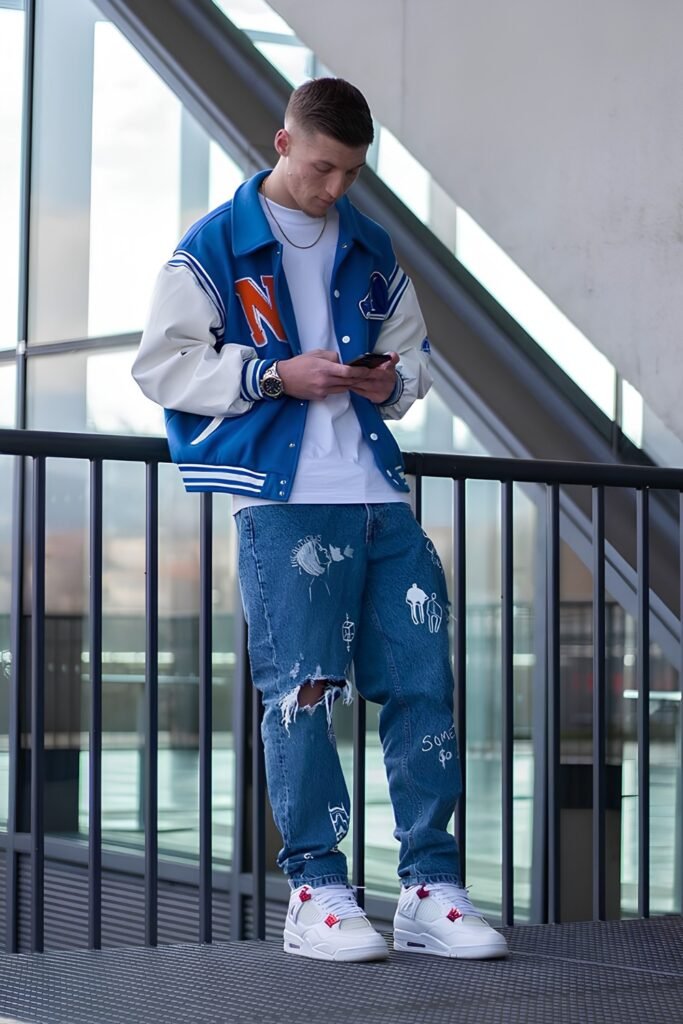Air Jordan 4, Relaxed Denim, Varsity Jacket, Plain Tee