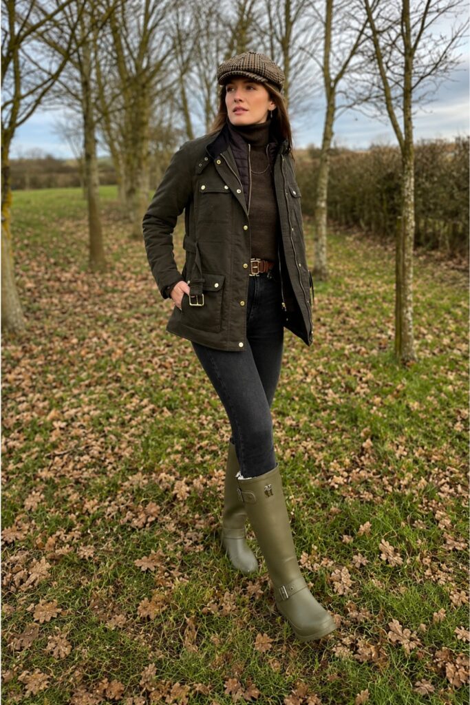Barn jacket with a waffle knit top, jeans and lug boots