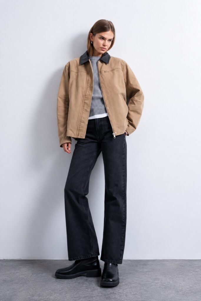 Barn jacket over a chunky knit with dark jeans and Chelsea boots