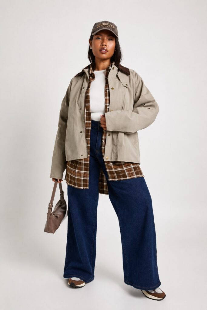 Barn jacket over a flannel shirt with wide-leg jeans and work boots