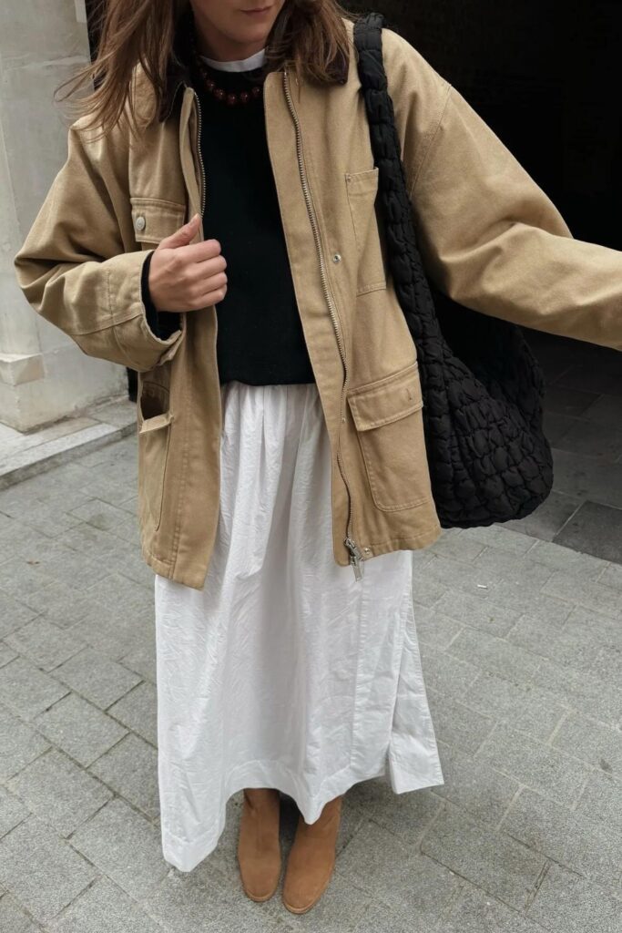 Barn jacket over a midi dress with ankle boots