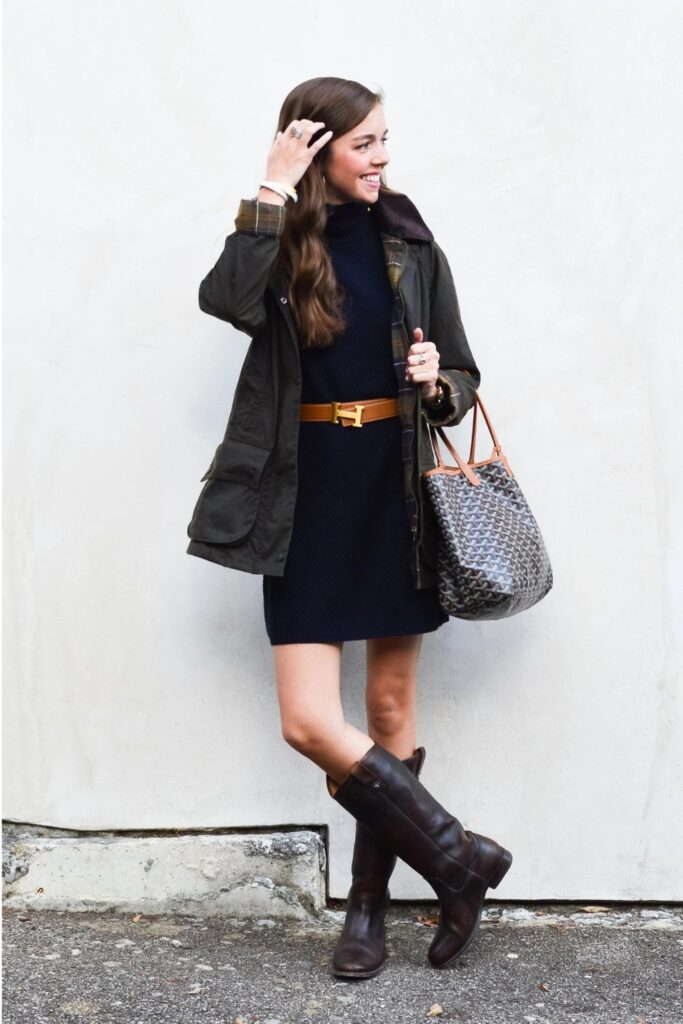 Barn jacket over a knit dress with heeled boots