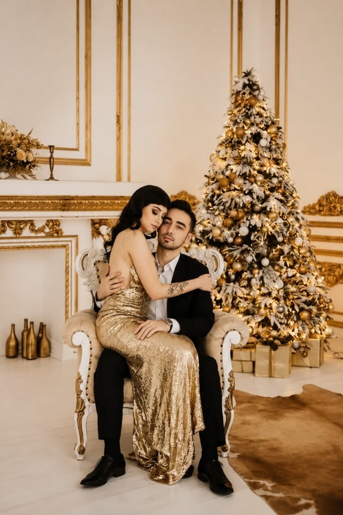 Couple in black and gold outfits beside a decorated tree