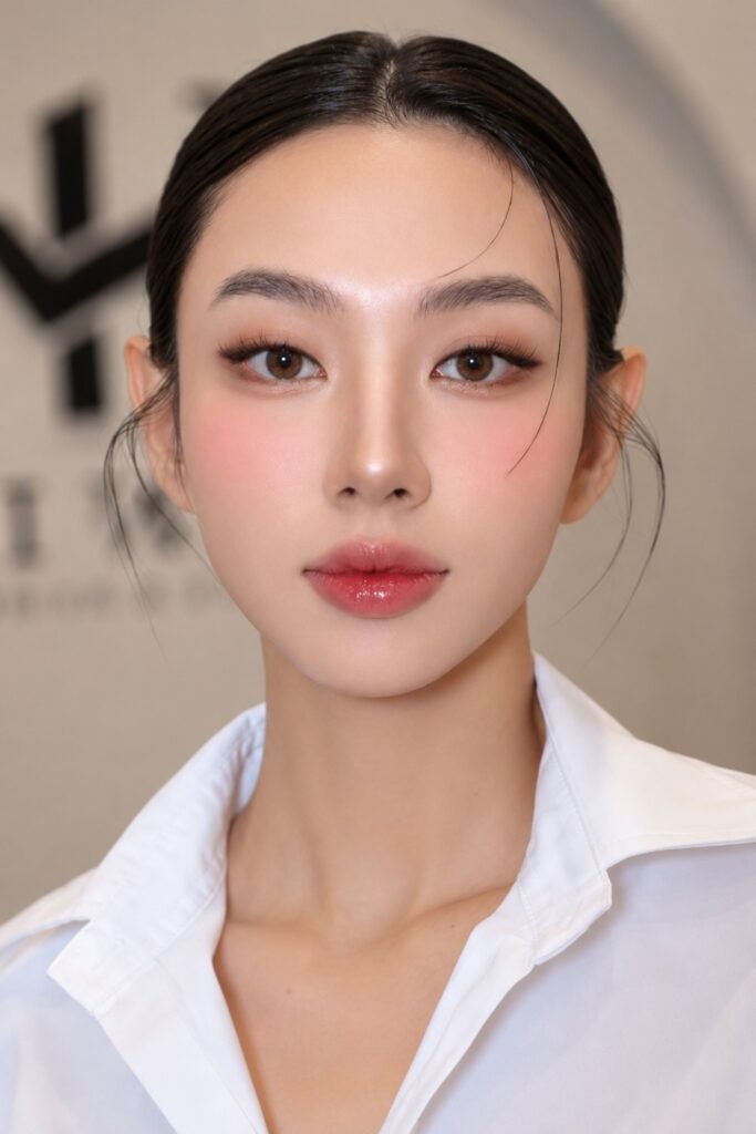 Woman with a blush-forward look and slicked-back hair