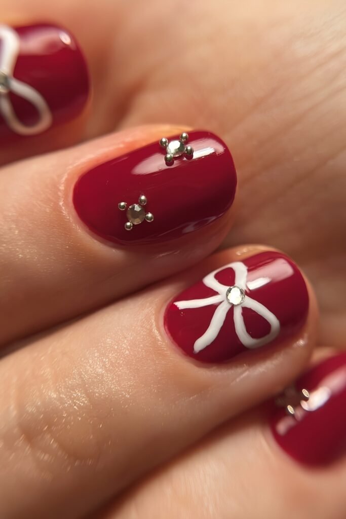 Short red nails with a white bow design