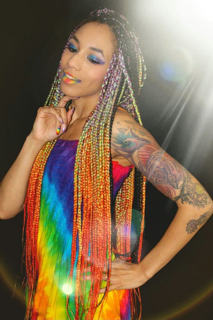 Box braids with iridescent extensions