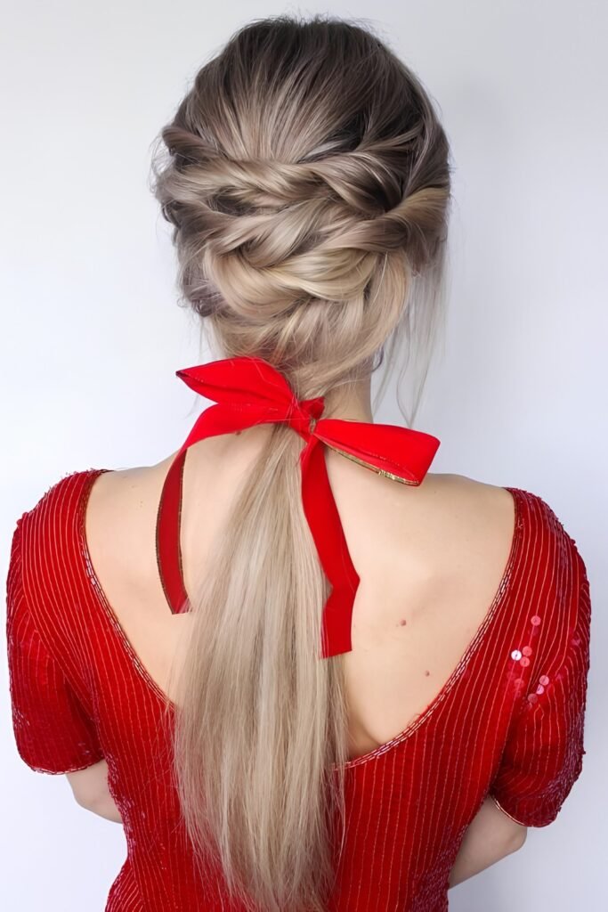 Braided Ponytail with Christmas Ribbon