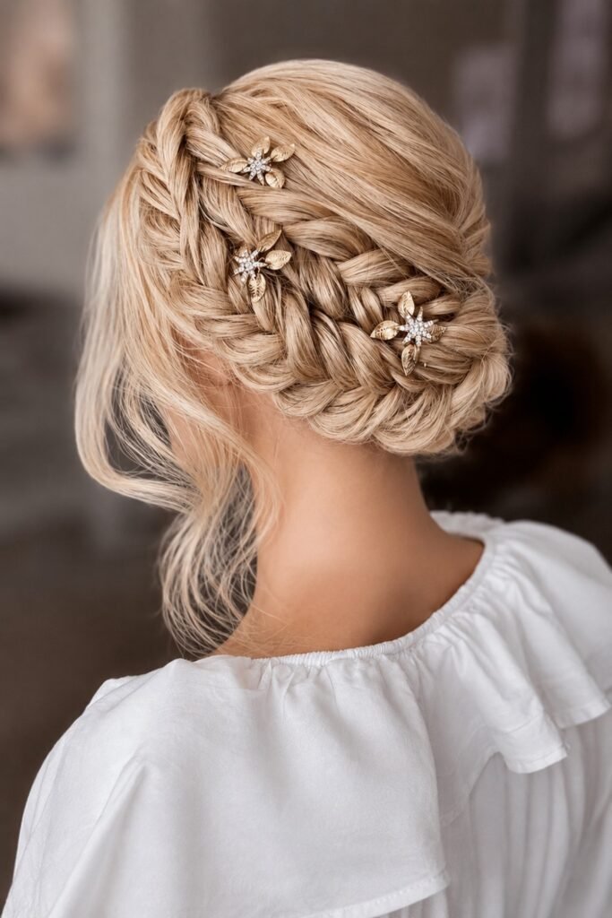 Braided Updo with Gold Pin Cluster