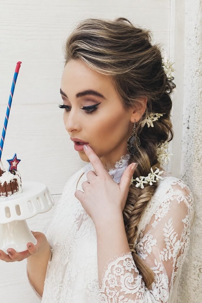 Sabrina Carpenter-inspired hairstyle: Braided Updo with Golden Tendrils