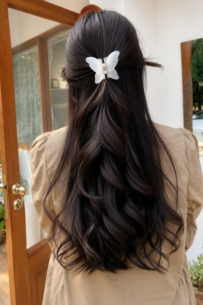 Butterfly Clip Half-Up with Wavy Length