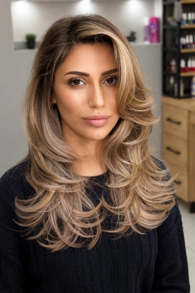 Butterfly Cut with Highlights and Side Part