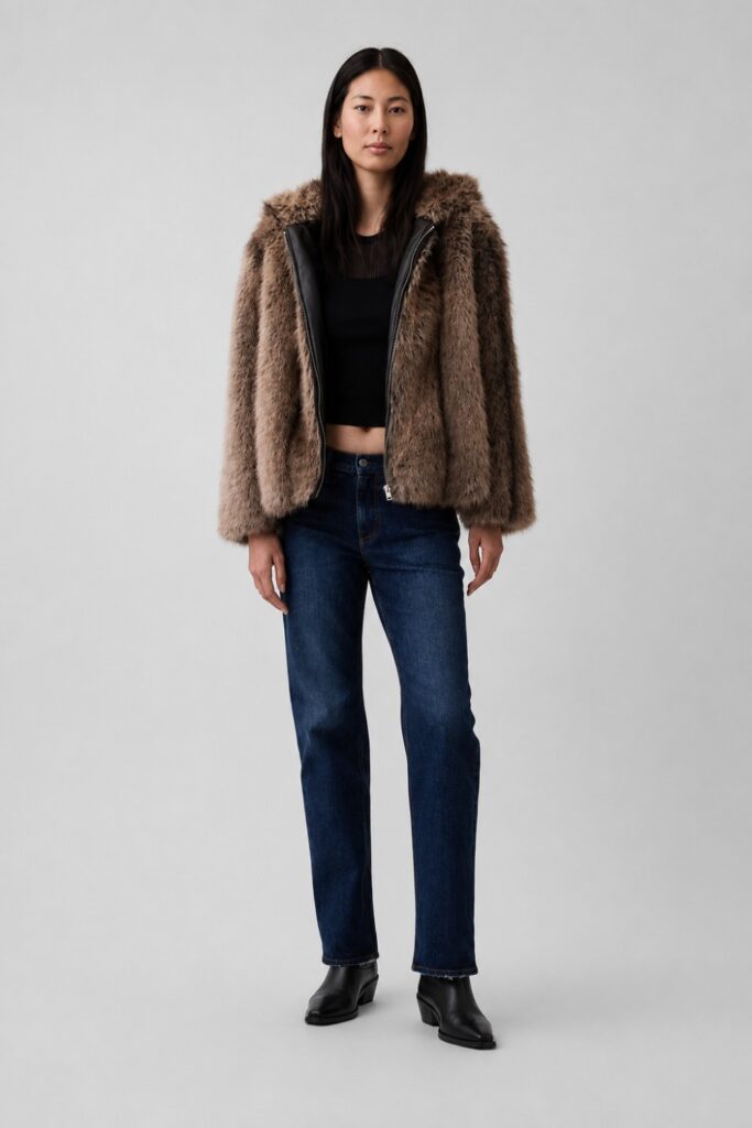 Faux fur jacket over a hoodie and jeans
