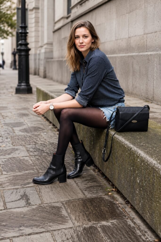 Chelsea boots with shorts and thick tights