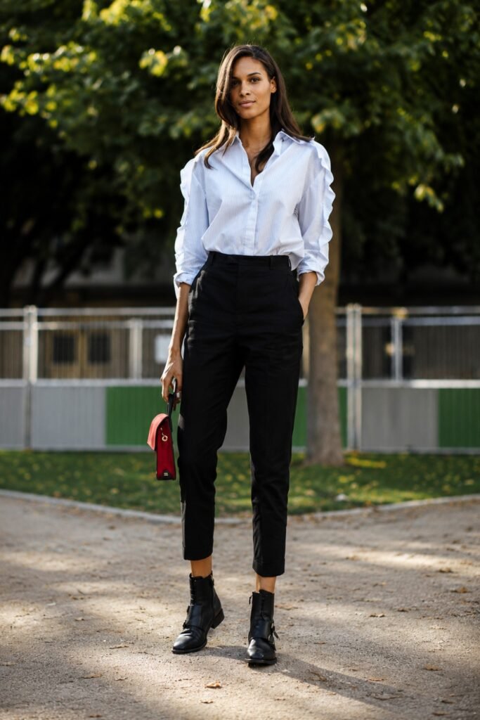 Chelsea boots with slim cigarette trousers and a tucked shirt