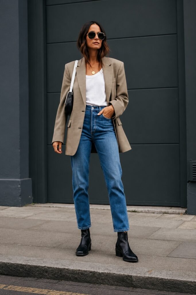 Chelsea boots with straight jeans, a blazer and a white shirt