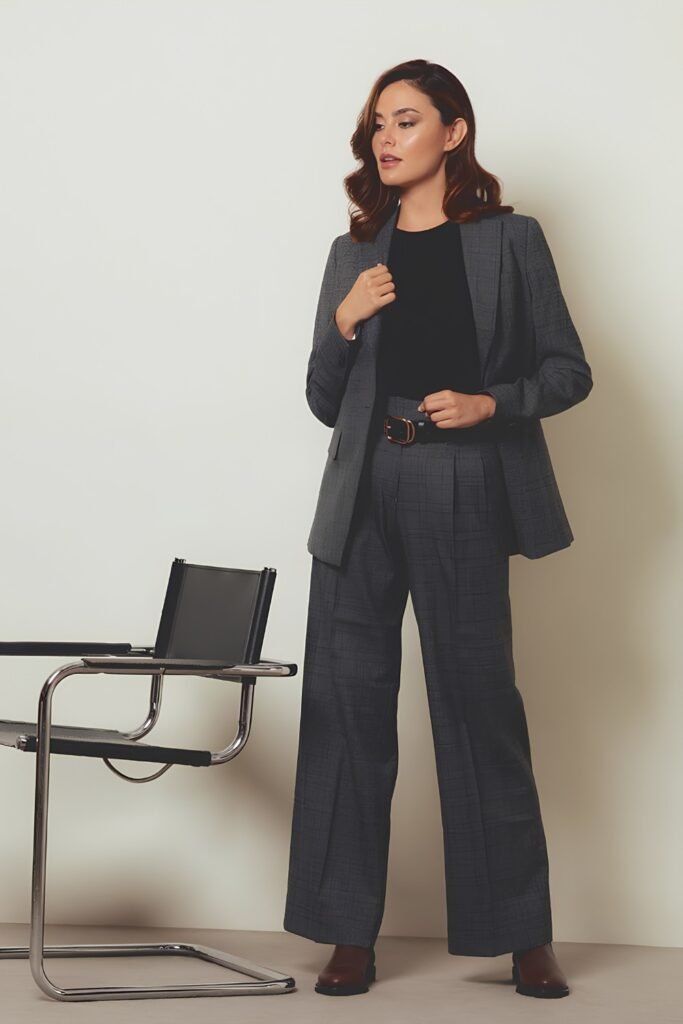 Chelsea boots with tailored wide-leg trousers and a blazer