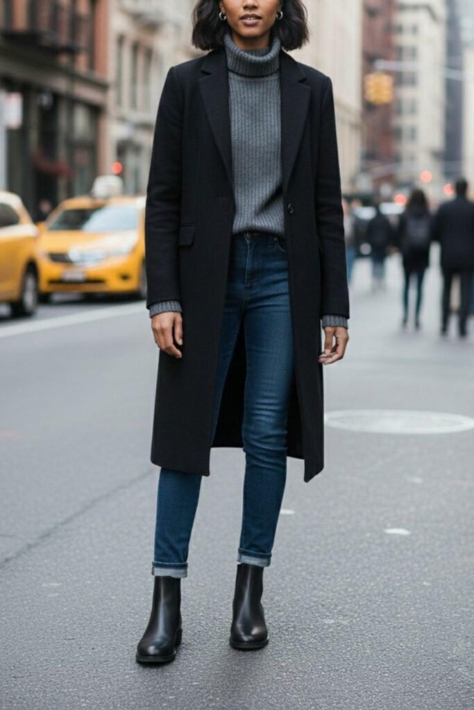 Chelsea boots with a long coat and dark jeans