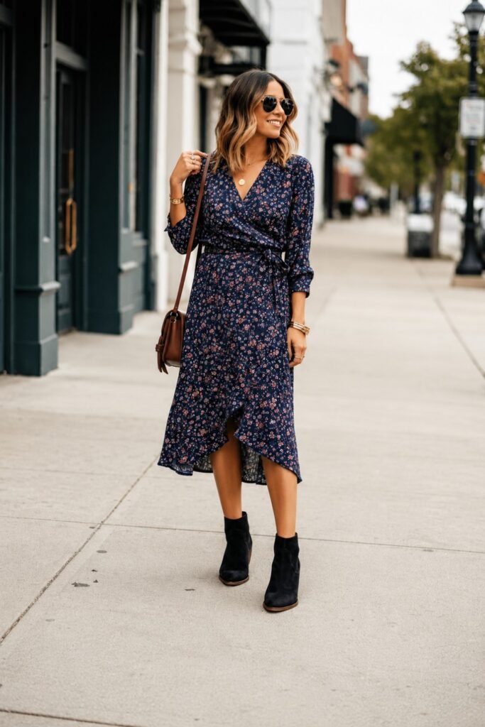 Chelsea boots with a midi wrap dress