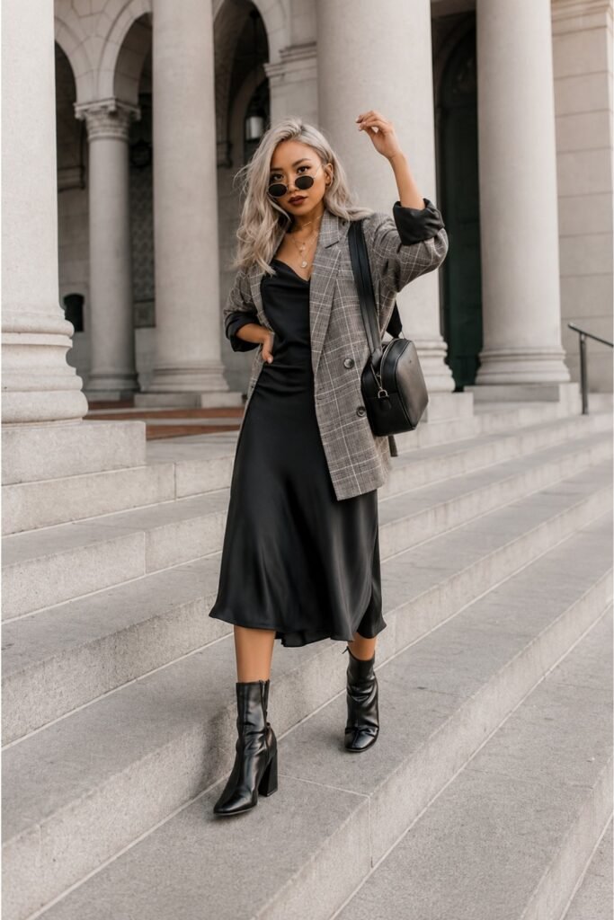 Chelsea boots with a slip dress and blazer