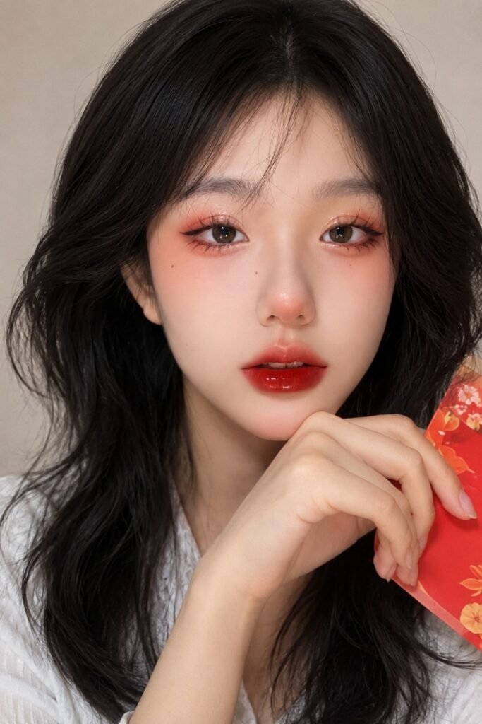 Woman with a glossy cherry red lip and dewy skin