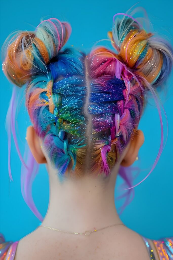High space buns with tinsel