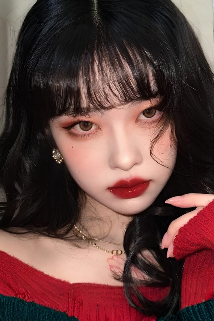 Woman with a classic red lip, glass skin and a soft fringe