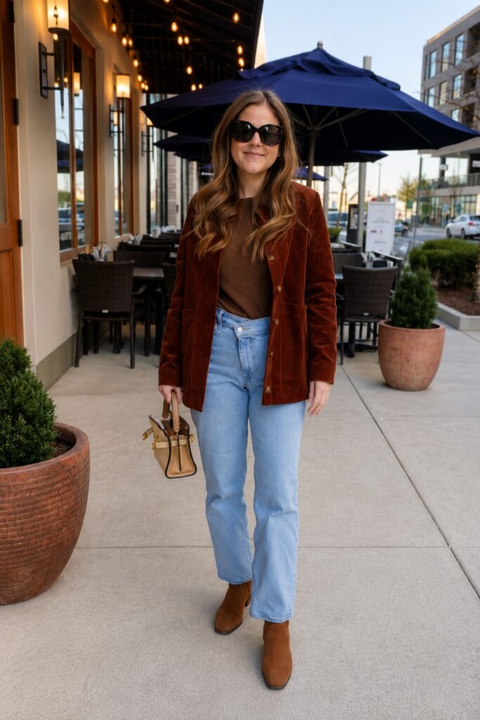 Corduroy barn jacket with a crew neck knit and jeans