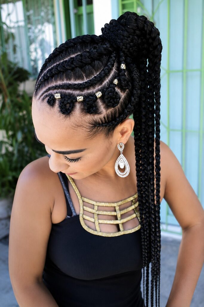 Cornrows into a ponytail with a gold cuff