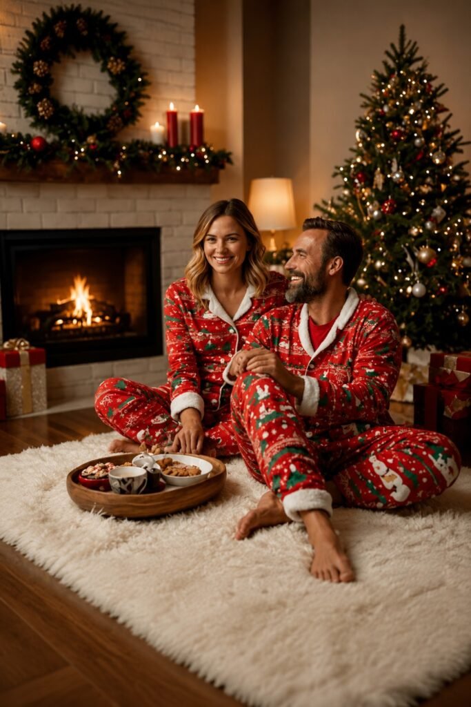 Couple in matching red pyjamas by a fireplace