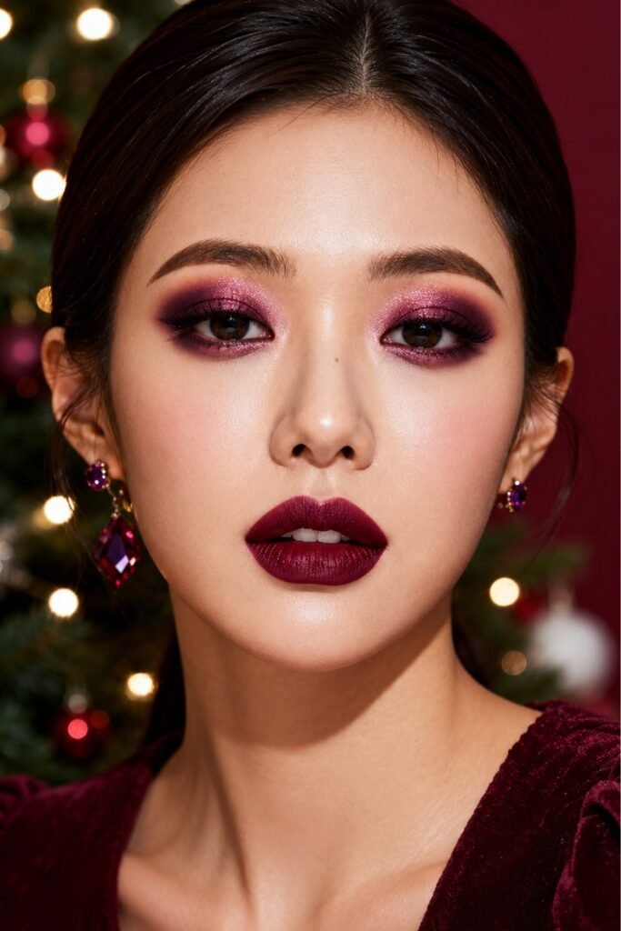 Woman with a deep burgundy lip and red-toned eyeshadow