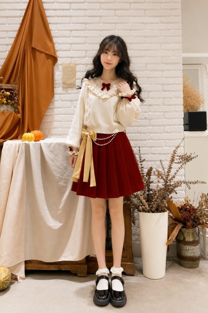 Woman in a cream bow-collar blouse with a red pleated mini skirt and Mary Janes