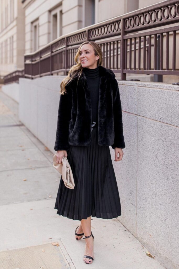 Cropped faux fur jacket with a midi skirt