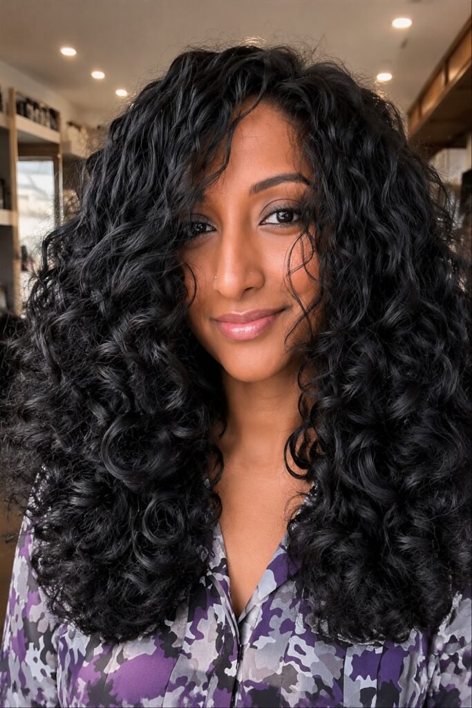 Curly Black Hair with Face Framing Layers