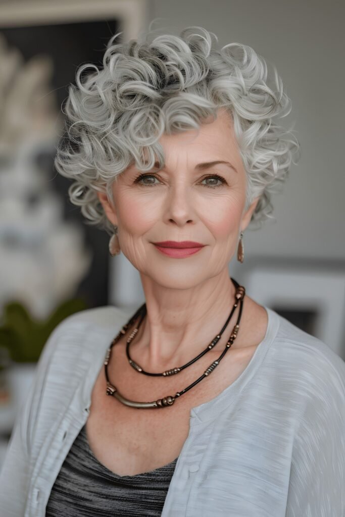 Curly Cropped Cut with Grey Tones